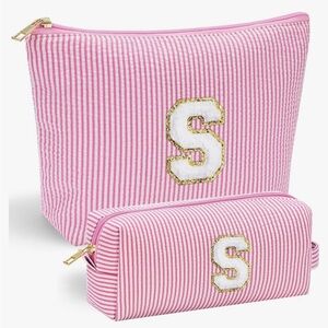 Pink Striped Cosmetic Bag Set with Initial S